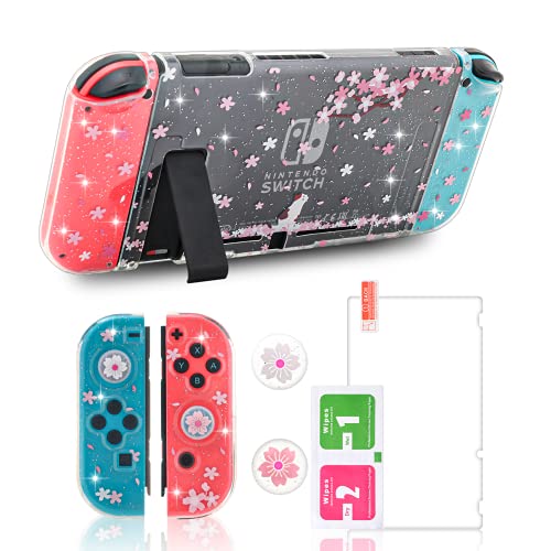 ECHZOVE Switch Clear Glitter Case, Switch Flower Case, Cherry Blossom Switch Case with Cat Pattern, 2 Cherry Blossom Thumb Grips and 1 Tempered Glass Screen Protector