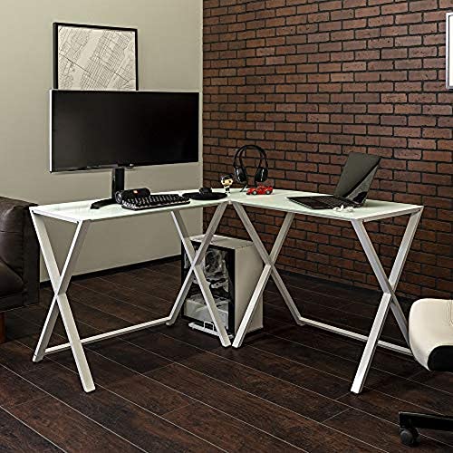 Walker Edison Wright Modern X Leg Glass Top Corner Computer Gaming L Shape Desk Home Office, 51 Inch, White