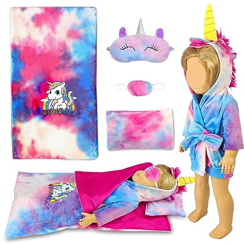 WONDOLL 18-inch Doll Clothes and Doll Sleeping Bag Set with Matching Sleepover Masks & Pillow