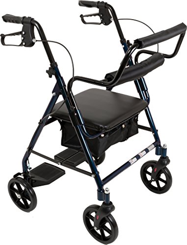 ProBasics Aluminum Rollator Walker with Seat - Transport Chair Rolling Walker with 6-inch Wheels, Foldable - Padded Seat and Backrest, Height Adjustable Handles, 250 Pound Weight Capacity, Blue
