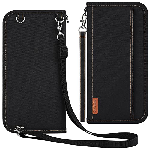 RUMANLE Family Passport Wallet with Strap, RFID Blocking Passport Holder Waterproof Passport Organizer,Large Capacity Passport Cover - Black