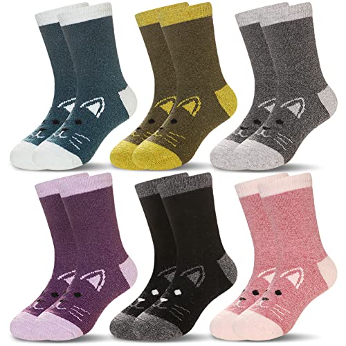Eocom 6 Pairs Children's Winter Warm Wool Animal Crew Socks Kids Boys Girls Socks (Cat B, 4-7 Years)