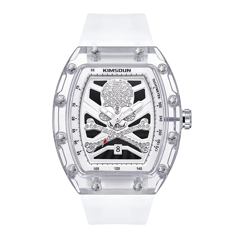 ShShi Michard Quartz Watch, Wine Barrel, Skull face, Crystal Diamond face, Analog skeletonized dial, Barrel Automatic Transparent Watch, Luminescent Water Resistance (White)
