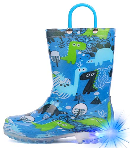 HugRain Toddler Boys Rain Boots Baby Little Kids Light Up Printed Waterproof Shoes Lightweight Rubber Adorable Dinosaur with Easy-On Handles Non Slip(Size 6,Blue)