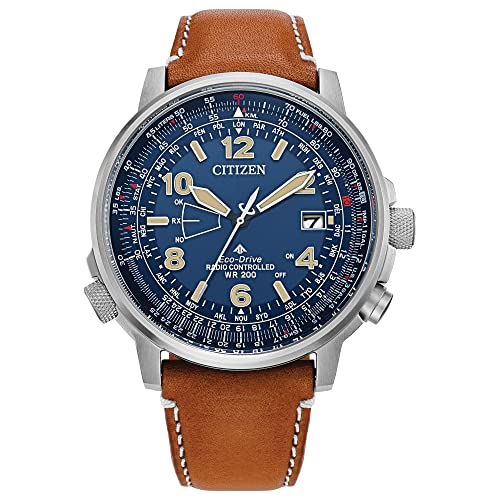 Citizen Men's Eco-Drive Promaster Air Skyhawk Atomic Time Keeping Watch in Super Titanium with Brown Leather Strap, Blue Dial (Model: CB0241-00L)