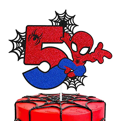 Spider 5th Birthday Cake Topper Spider Cartoon Movie Themed Happy 5s Birthday Cake Decorations for Men Boy Children Five Bday Party Supplies Double Sided Glitter Black Décor