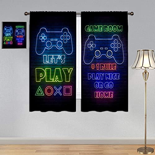 GY Gamepad Gamer Curtains, Bedroom Blackout Curtains Video Games Controller Neon Sign Design Waterproof Window Curtain Kids/Girls Room Window Curtain Treatment Drapes 42x63 Inch