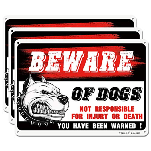 TOHAO Beware of Dog Sign, 3 Pack 10'x 7' Rust Free .04' Aluminum Warning Signs, UV Protected, Reflective & Waterproof, Easy to Mount- Indoor Or Outdoor Use