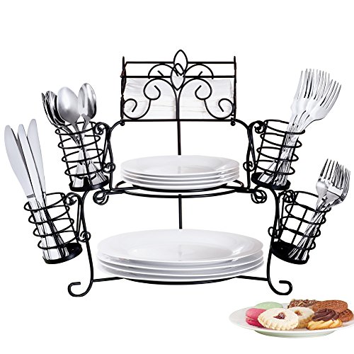 Collections Etc Metal Buffet Organizer with Scroll Design, 7-Piece Set for Plates, Napkins and Cutlery