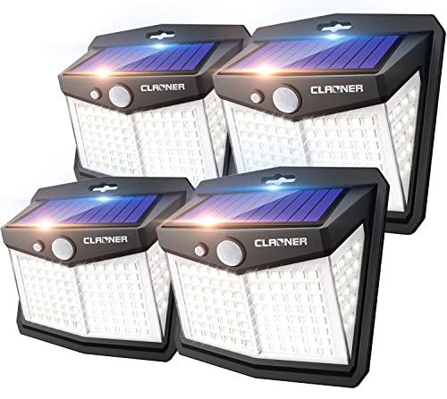CLAONER Solar Lights Outdoor, [128 LED/4 Packs] Motion Sensor Lights 3 Working Modes for Outdoor with 270° Wide Angle Wireless IP65 Waterproof Security Light for Fence, Patio, Cold White