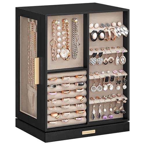 SONGMICS Jewelry Box 360° Rotating, Jewelry Storage Case with 5 Drawers, Jewelry Organizer, Glass Window, Spacious, Vertical Jewelry Storage, Open Design, Great Gift, Graphite Black UJBC170B01