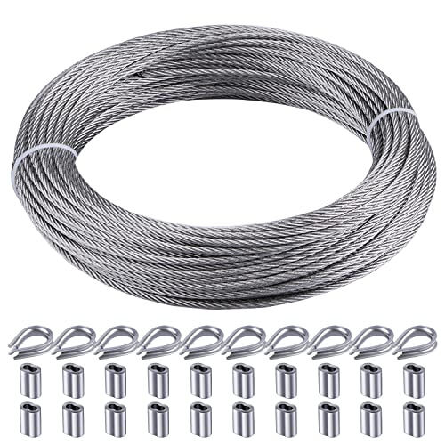 Rectoo 1/8' wire cable, 100ft Wire Rope Metal Cable With Loop Sleeve And Steel Thimble, 7x7 marine stainless steel Strand Core Perfect For Deck Railing System, Outdoor hanging kit, garden fence (SR03)