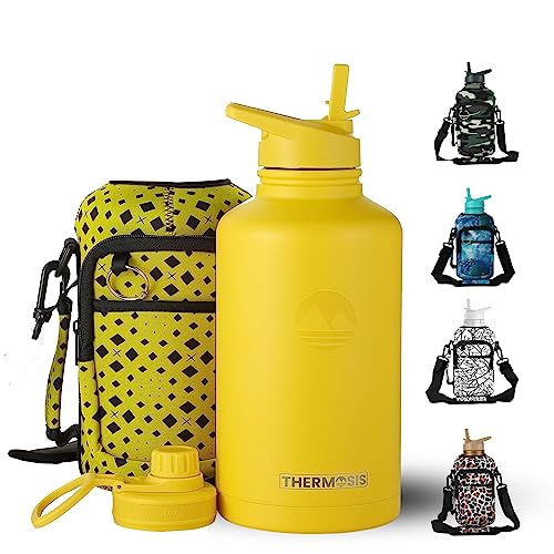 Thermosis 64 Oz insulated water bottle Stainless Steel Water Bottle with Straw & Holder Strap - Includes 2 Lids water bottles - Leak Proof water bottle for Men & Women - Yellow