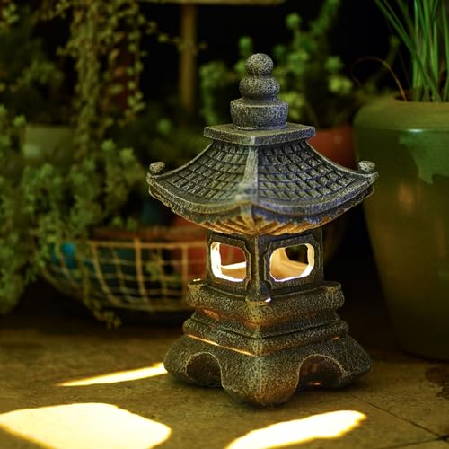 Gardenfans Solar Pagoda Lantern Garden Statue LED Light Outdoor Zen Garden Japanese Lantern for Landscape Balcony Patio Porch Yard Art Decor 6.7'H Gray Stone Finish