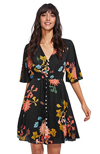 Milumia Women's Vintage Boho Button Up Split Floral Print Flowy Party Dress A Black Large