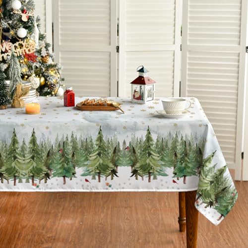 Horaldaily Christmas Tablecloth 52×70 Inch, Golden Snow Trees Washable Table Cover for Party Picnic Dinner Decor