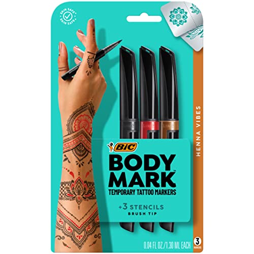 BIC BodyMark Temporary Tattoo Markers for Skin (MTBP31HN-AST), Henna Vibes, Flexible Brush Tip, 3-Count Pack of Assorted Colors, Skin-Safe*, Cosmetic Quality