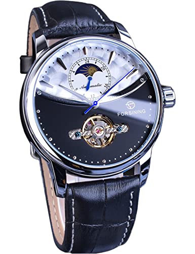 FORSINING Men's Watch Mechanical Moon Phase Tourbillon Stainless Steel Waterproof Self-Wind Retro Watches, Automatic Leather Belt Wristwatch, Silver Black