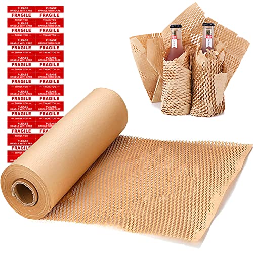 onesimcr Honeycomb Packing Paper Wrap 15'x131' Sustainable Alternative to Bubble Wrap for Moving/shipping/packing Roll with 20 Fragile Sticker Biodegradable & Fully Recylable…