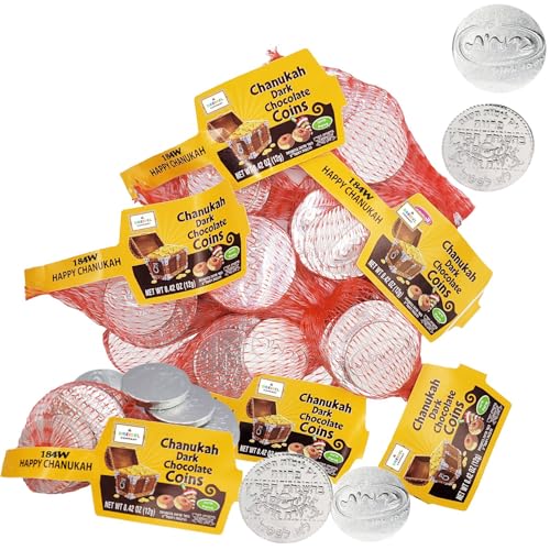 Hanukkah Chocolate Gelt, Dark Bittersweet Chocolate Coins, Made in Israel, Dairy-Free, Kosher Parve Certified Chanukah Gelt (8 Mesh Bags)