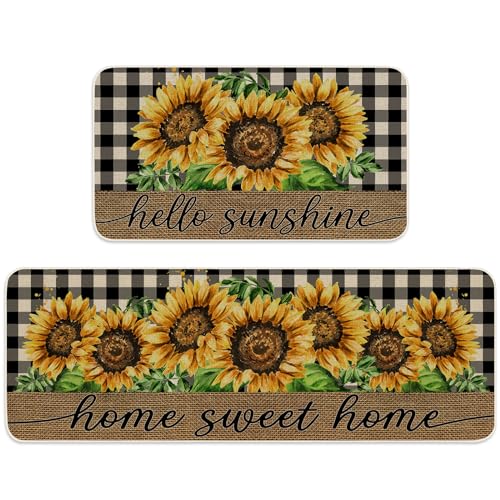 JarThenaAMCS Summer Kitchen Mats Set of 2, Sunflower Plaids Kitchen Floor Mat Non-Slip Decorative Bathroom Rugs for Indoor Outdoor Home Office Decor, 17 x 29 Inch & 17 x 47 Inch