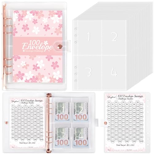 SKYDUE 100 Envelopes Challenge Binder with Laminated $5050 Tracker Sheet & Pre-numbered Pockets (Pink)