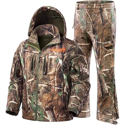 NEW VIEW Quiet Hunting Clothes for Men with 11 Pockets, Fleece-lined Water Resistant Camo Jacket and Pants