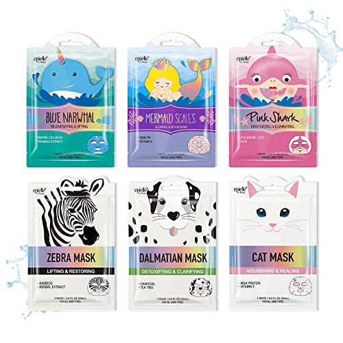 Epielle Character Sheet Masks Animal | Korean Beauty Mask -For All Skin Types, (Assorted 6 pk) | Birthday Party Gift for kids, Girls Night, Skincare Party, Thanksgiving Gifts, Stocking Stuffers