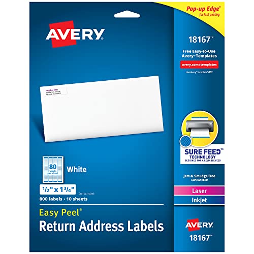 Avery Printable Return Address Labels with Sure Feed, 0.5' x 1.75', White, 800 Blank Mailing Labels (18167)