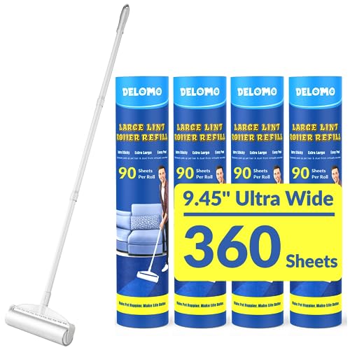 Large Lint Rollers for Carpet, Sticky Rollers for Floor DELOMO 9.45 in with 3 Extendable Handle,Long Handle Sticky Mop for Cleaning Carpets, Cars, Clothing, and Pet Hair