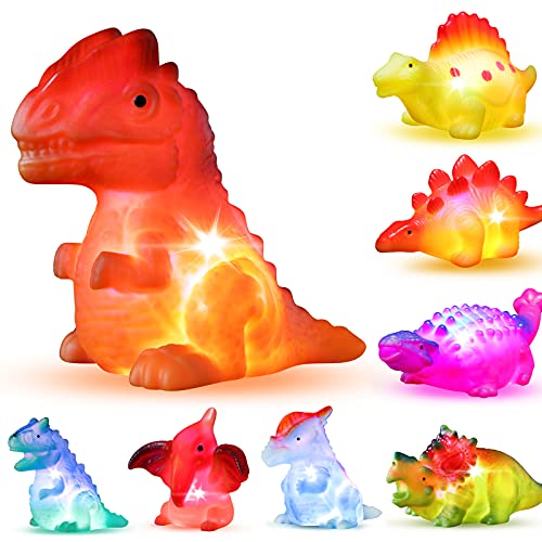8 Pack Light up No Hole Dinosaur Bath Toy Set, Flashing Color Changing Light in Water, Floating Dino Bathtub Bathroom tub Pool Toy for Baby Infant Kid Toddler Child Boy Girl Preschool in Christmas