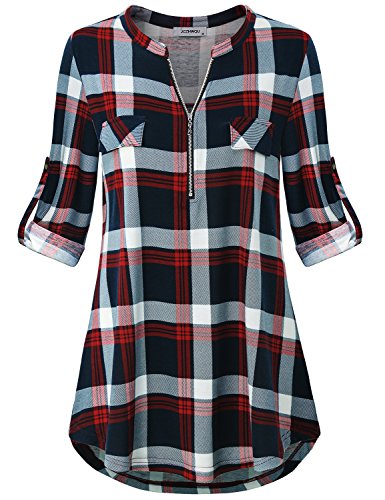JCZHWQU Office Wear for Women, Women's Mandarin Collar V Neck Tunic Tops 3/4 Rolled Tab Sleeve Business Casual Work Blouse Shirt Career Attire Clothes Plaid Red Small