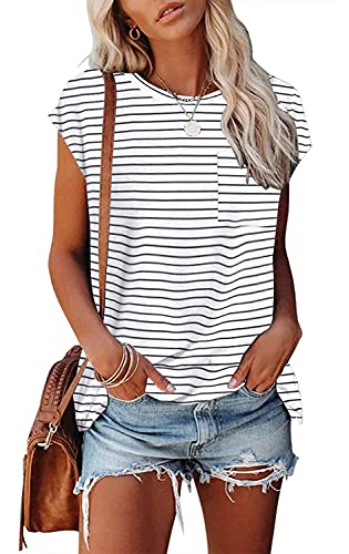 MEROKEETY Women's Casual Cap Sleeve T Shirts Basic Summer Tops Loose Solid Color Blouse Stripe