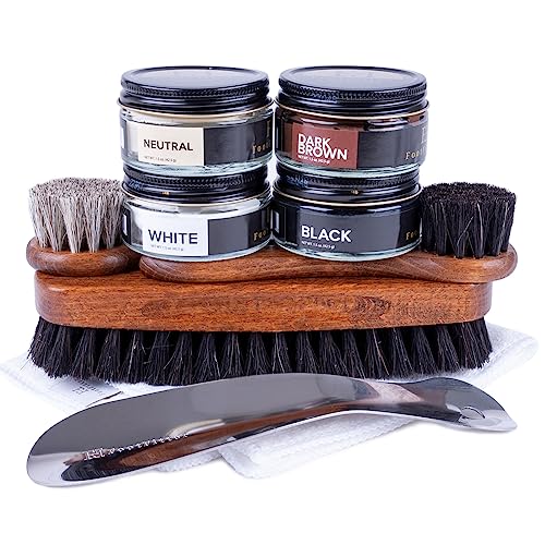 FootFitter Everyday Shoe Shine Detailing Set – Shoe Shine Brushes, Shoe Creams & Shine Cloths. Complete Shoe Care Kit with Shoe Creams (Black, Dark Brown, Neutral, White)