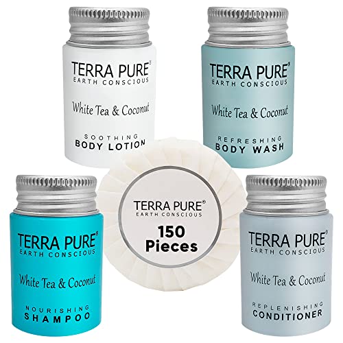 Terra Pure White Tea and Coconut Hotel Soaps and Toiletries Bulk Set |1-Shoppe All-In-Kit for Hotels | 1oz Shampoo & Conditioner, Body Wash, Lotion & 1.25oz Bar Soap |Travel Size Toiletries 150 Pieces
