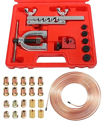 YAKEFLY 25 ft 3/16 Copper Coated Brake Line Kit with 16 Fittings and 4 Unions Brake Line Fittings,Brake Line Double & Single Flaring Tool Kit,Fits for Most Hydraulic Braking Systems,Fuel Systems,etc