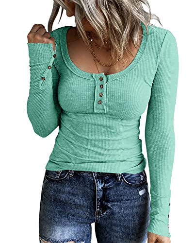 KINLONSAIR Women’s Long Sleeve Henley T Shirts Button Down Slim Fit Tops Scoop Neck Ribbed Knit Shirts