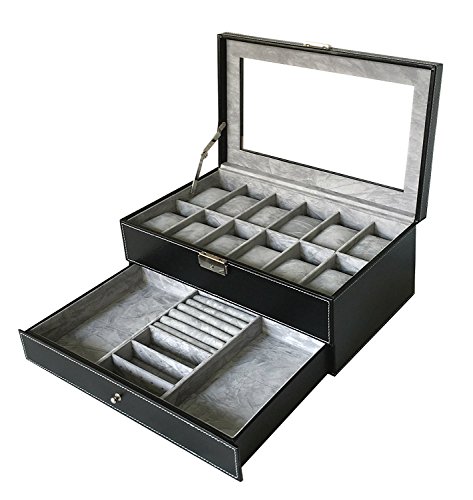 Sodynee Watch Box Large 12 Mens Black Pu Leather Display Glass Top with Jewelry Box Case Organizer Tray