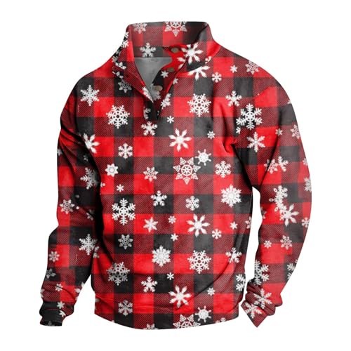 Ugly Christmas Sweater Men 2023, Sweatshirts for Men Big and Tall Cute Snowflake Graphic Print Long Sleeve Stand Collar Button Sweatshirts Tops Casual Christmas Clothing(Red,L)