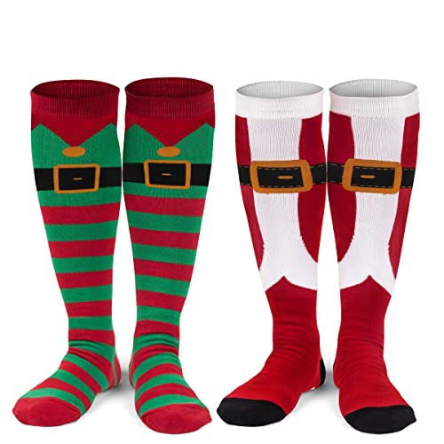Knee High Christmas Socks for Women 2 Pack - Funny Novelty Holiday Long Socks for Ladies (Santa Suit & Elf)