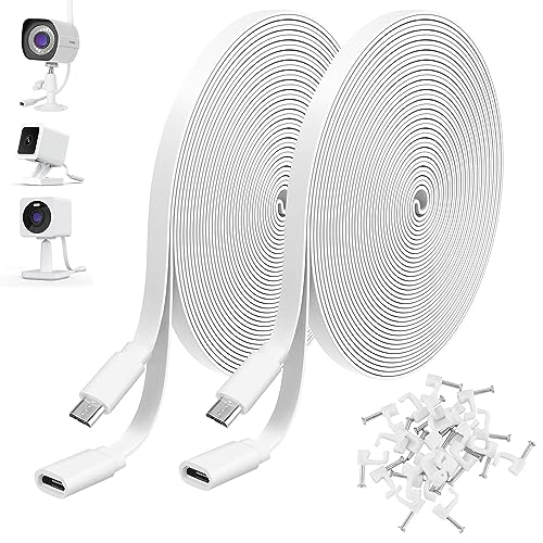 Uogw 2Pack 10ft/3m Micro USB Extension Cable Compatible with Zmodo, Wyze Cam OG, WYZE Cam Pan,Wyze Cam V3,Male to Female Extender Cord,Flat Charging Cable and Data Sync Cord(White)