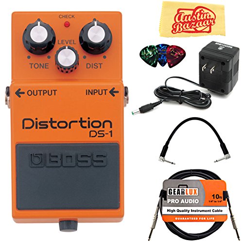 Boss DS-1 Distortion Bundle with Power Supply, Instrument Cable, Patch Cable, Picks, and Austin Bazaar Polishing Cloth