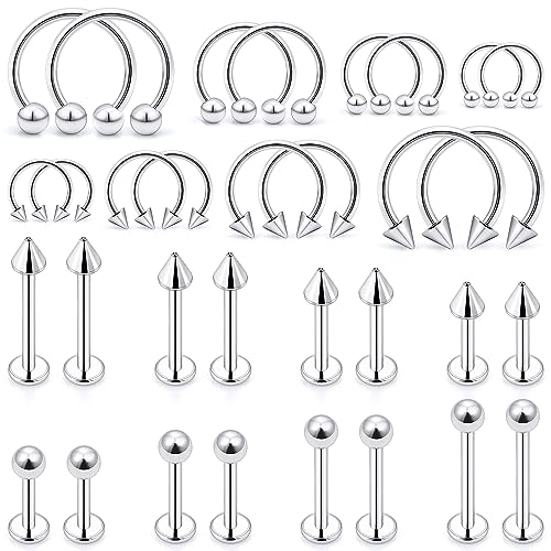 Ftovosyo Lip Rings 32PCS Labret Jewelry Monroe Lip Barbell Ring Snake Bite Piercing Jewelry 16G Helix Earring Daith Tragus Cartilage Studs Surgical Steel Piercing Jewelry for Women Men