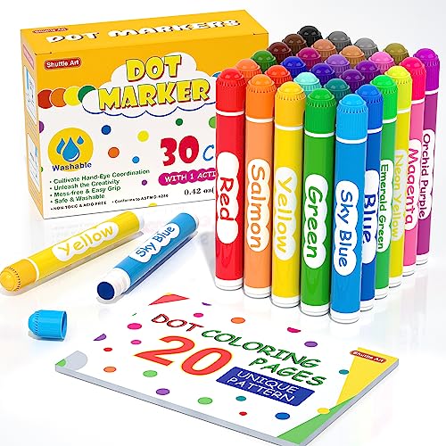 Shuttle Art Dot Markers, 30 Colors Washable for Toddlers with Free Activity Book, Bingo Daubers Supplies for Kids Preschool Children, Non Toxic Water-Based Dot Art Markers