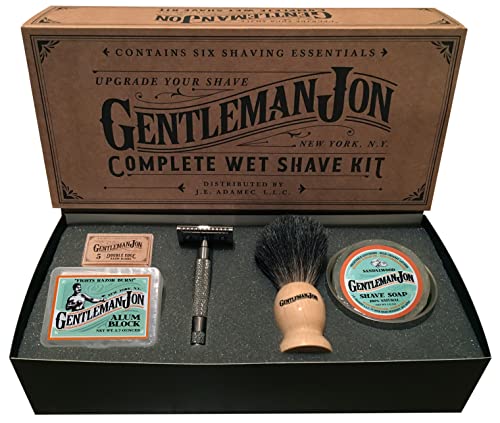 Gentleman Jon Safety Razor Shaving Kit | Vintage Wet Shave Grooming Set for Men - includes: Safety Razor, Hair Shaving Brush, Alum Block, Shave Soap, Bowl & Double Edge Razor Blades