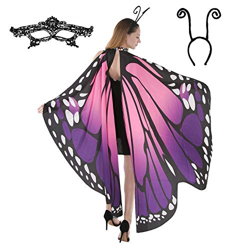 Spooktacular Creations Butterfly Wing Cape Shawl with Lace Mask and Black Velvet Antenna Headband Adult Women Halloween Costume Accessory-Purple