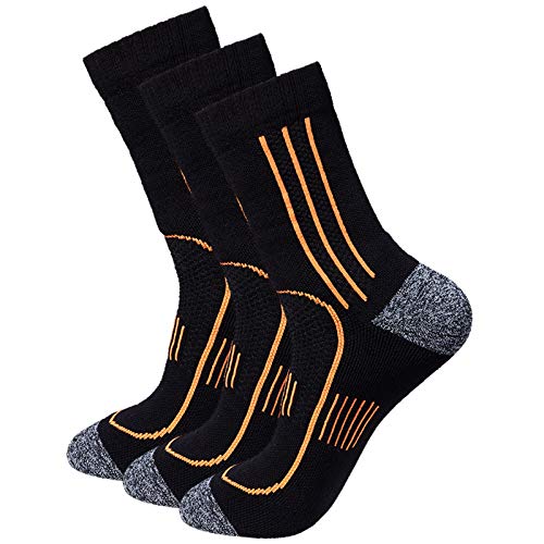 Men's 3-Pack Black Cushioned Anti Odor Blister Resistant Crew Compression Hiking Trekking Mountaineering Socks, Size 7-12