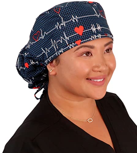 Sparkling EARTH - Heartbeats on Navy - Unisex Big Hair Ponytail Surgical Scrub Style Working Caps - Made in The USA!