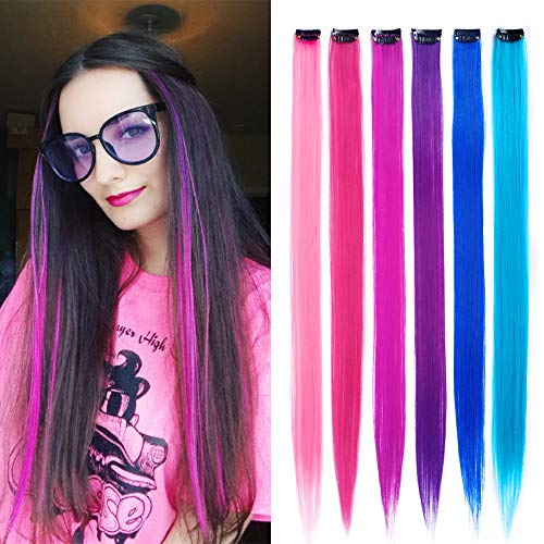KGBFASS 24 Packs Colored Clip in Hair Extensions 20'' Colorful Straight Hair Extensions Clip in for Kids Multi-Colors Party Highlights Hairpieces(Pink,Purple,Blue)