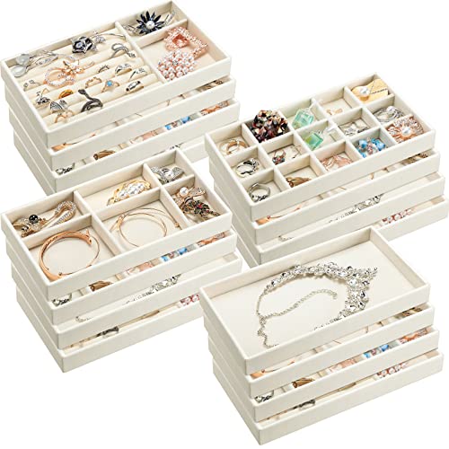 16 Pcs Small Stackable Jewelry Organizer Trays for Drawers, 8.3x5x1 Inch Small Velvet Jewelry Closet Dresser Inserts Divider Rings Earring Storage Display Gift for Women Girl Wedding Birthday (Beige) (white)